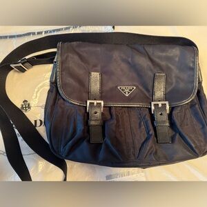 Authentic Prada Black Messenger Bag, cross body, nylon/leather, cards, dust bag